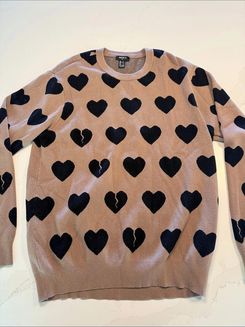 Forever 21 Heart Print Crewneck Sweater Brown Size Large